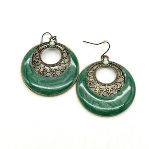 Green Bronze Round Dangle Earrings Ornate Floral Design‎ Fashion Jewelry